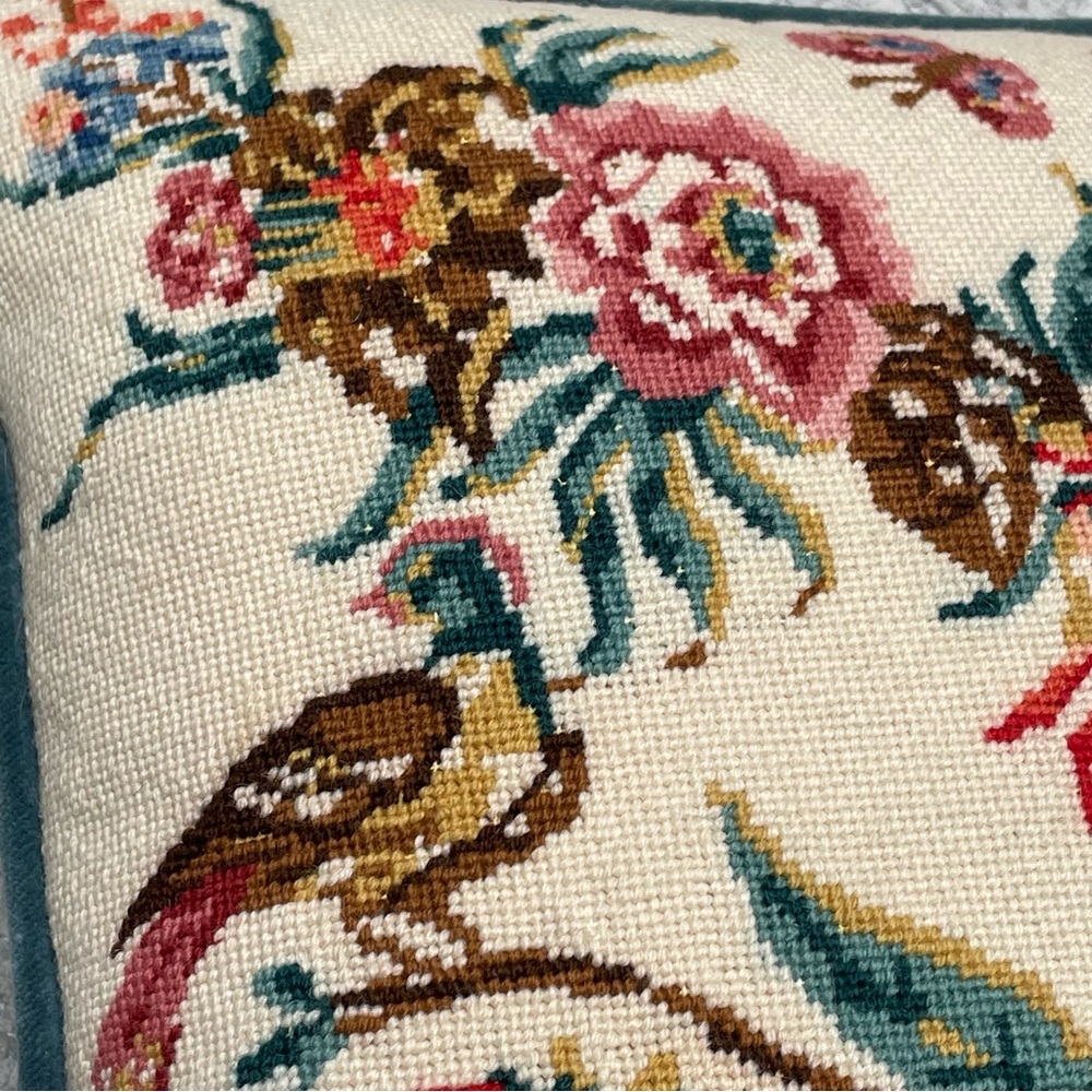 Cottagecore Floral Birds Embroidered Velvet Pillow Decor Tapestry Cream Blue - Picture 6 of 8